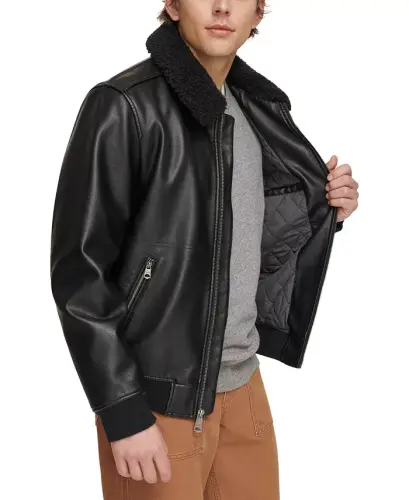 Men's Sherpa Collar Faux Leather Bomber Jacket - Black - 4