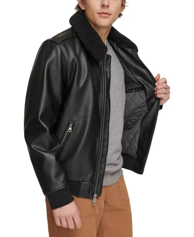 Men's Sherpa Collar Faux Leather Bomber Jacket - Black - 4