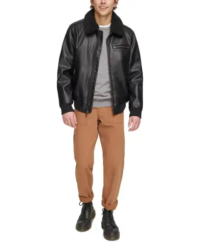 Men's Sherpa Collar Faux Leather Bomber Jacket - Black - 5