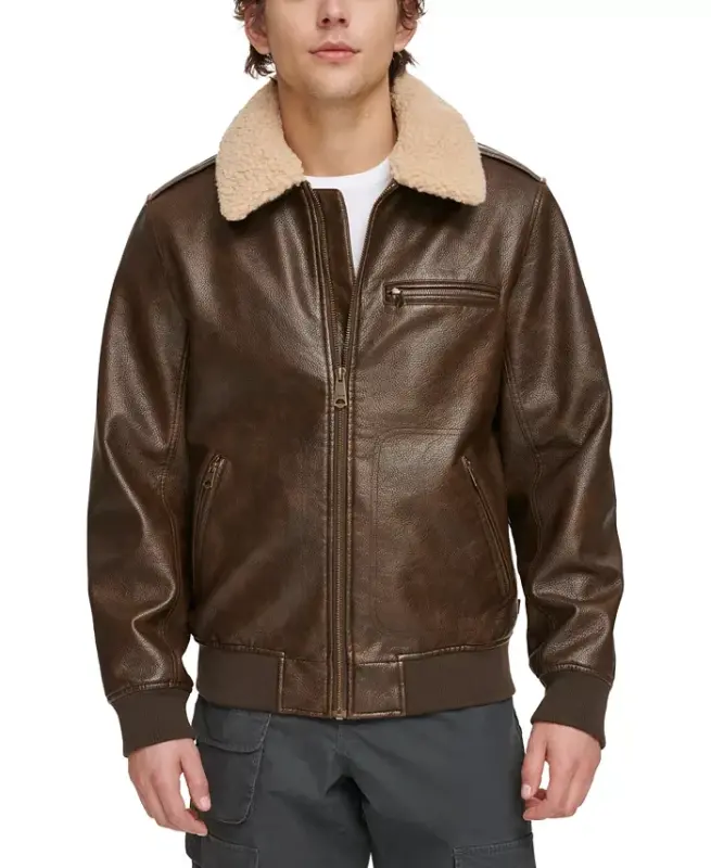 Men's Sherpa Collar Faux Leather Bomber Jacket - Brown - 1