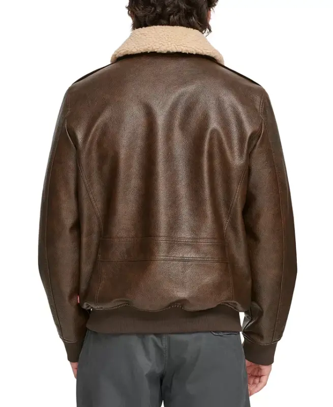 Men's Sherpa Collar Faux Leather Bomber Jacket - Brown - 2
