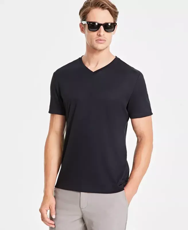 Men's Travel Stretch V-Neck T-Shirt, Created for Modazone - Deep Black - ALFANI