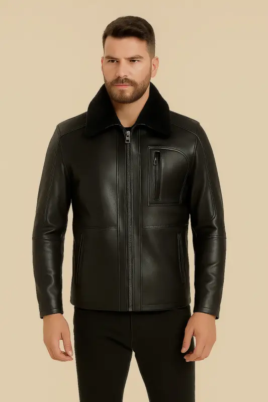 Erkek Seyyar Yaka Kürklü Hakiki Deri Ceket-Siyah - LİDYA DERİ