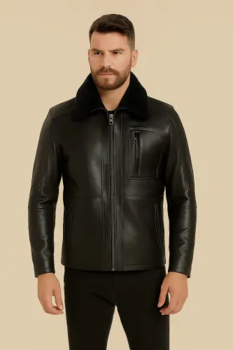 Erkek Seyyar Yaka Kürklü Hakiki Deri Ceket-Siyah - 1
