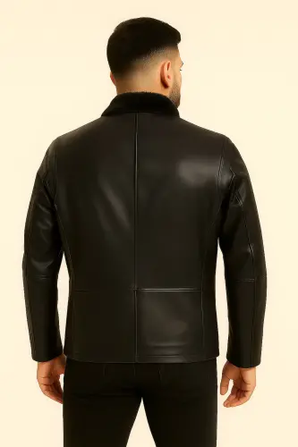 Erkek Seyyar Yaka Kürklü Hakiki Deri Ceket-Siyah - LİDYA DERİ (1)