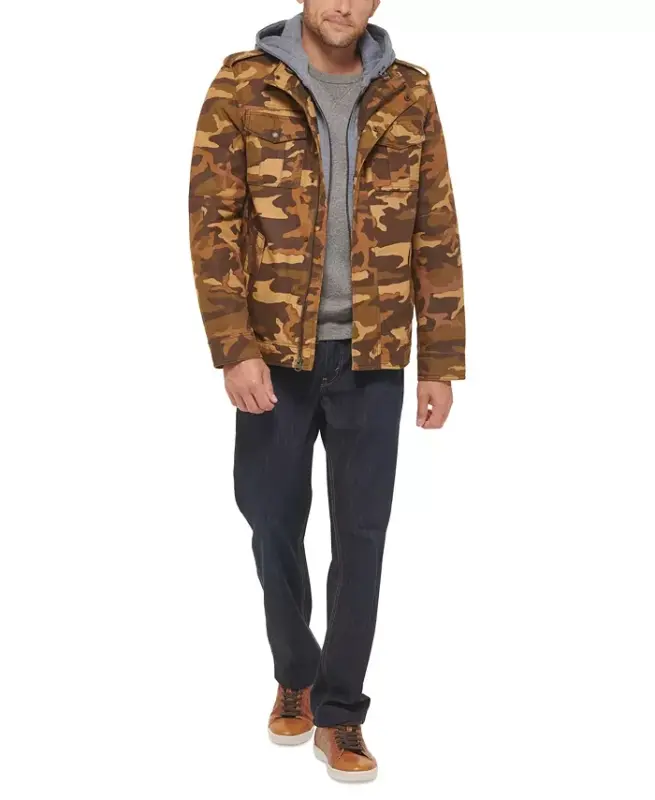 Men’s Sherpa Lined Two Pocket Hooded Trucker Jacket - Brown Camo - 2