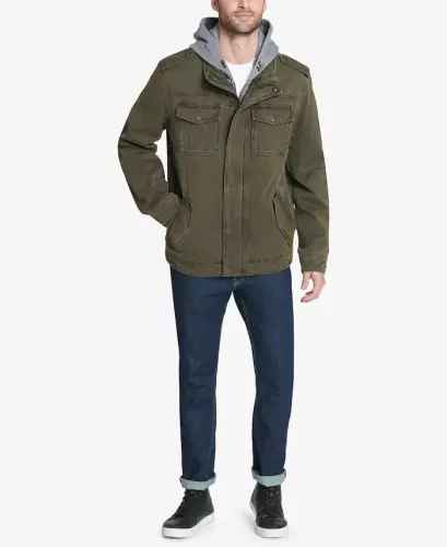 Men’s Sherpa Lined Two Pocket Hooded Trucker Jacket-Olive - 6