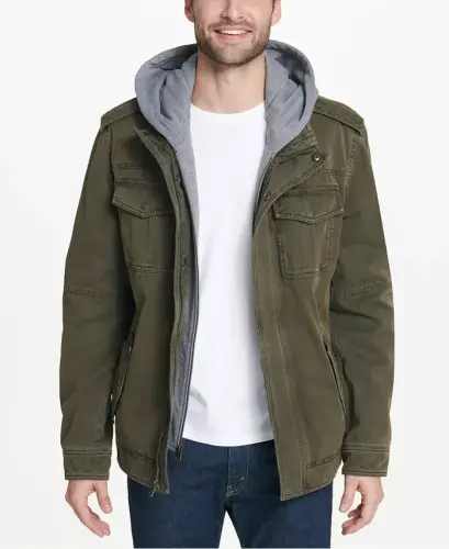 Men's Two Pocket Hooded Trucker Jacket - Olive 