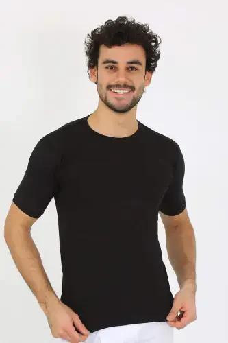 Erkek Sıfır Yaka Likralı Siyah T-Shirt 65710 - 3