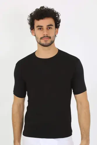 Erkek Sıfır Yaka Likralı Siyah T-Shirt 65710 - 5