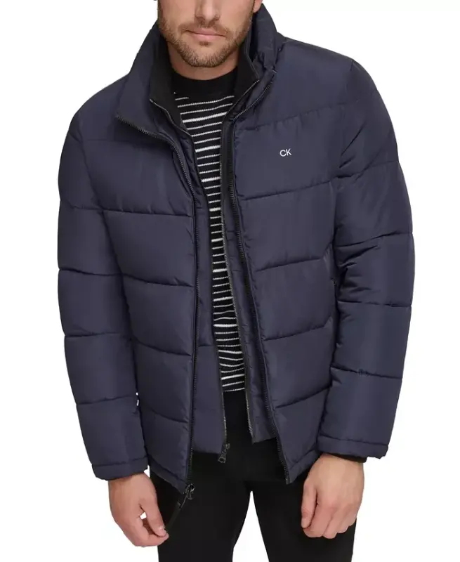 Men's Puffer With Set In Bib Detail, Created for Modazone - True Navy - 3