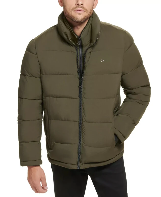 Men's Puffer With Set In Bib Detail, Created for Modazone-Olive - Calvin Klein