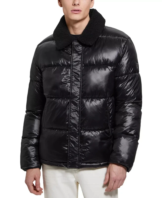 Men's Puffer Jacket with Sherpa Collar-Jet Black - GUESS