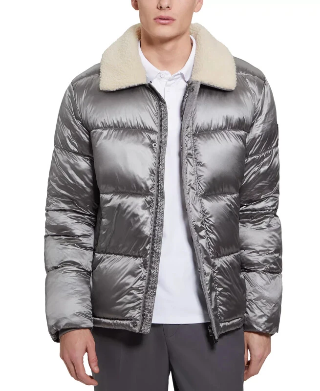 Men's Puffer Jacket with Sherpa Collar-Silver Soiled - GUESS