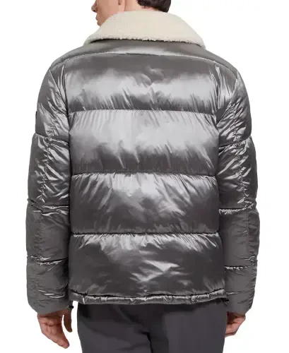 Men's Puffer Jacket with Sherpa Collar-Silver Soiled - GUESS (1)