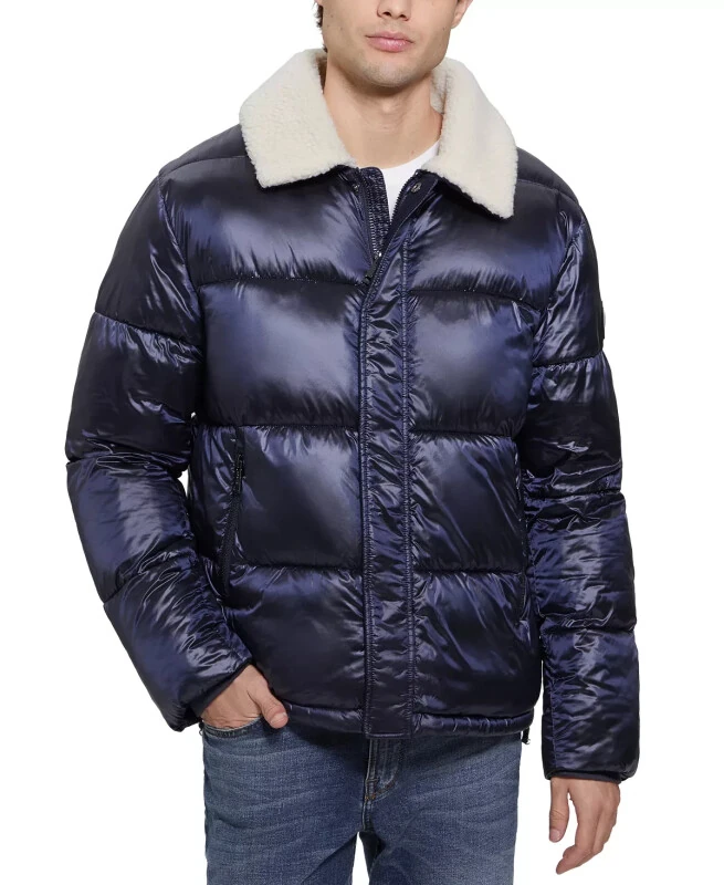 Men's Puffer Jacket with Sherpa Collar-Navy Sea Multi - GUESS