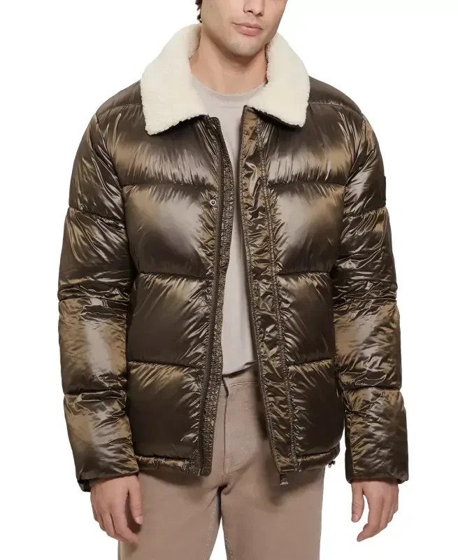 Men's Puffer Jacket with Sherpa Collar-Olive Morning Multi - GUESS