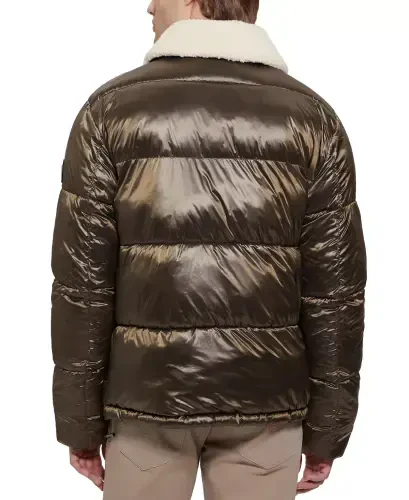 Men's Puffer Jacket with Sherpa Collar-Olive Morning Multi - GUESS (1)