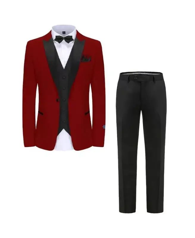 Erkek Sivri Yaka 3 Parça Slim Fit Smokin - Kırmızı - 3