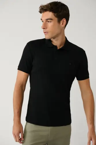 Schwarzes Herren-T-Shirt aus 100 % Baumwolle mit 3 Knöpfen, Jacquard-Polokragen und normaler Passform A41Y1354 - Schwarz - 1