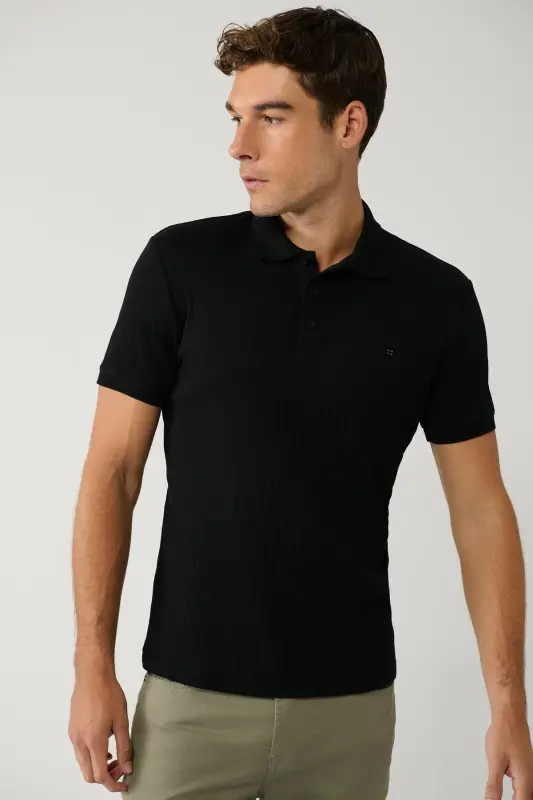 Schwarzes Herren-T-Shirt aus 100 % Baumwolle mit 3 Knöpfen, Jacquard-Polokragen und normaler Passform A41Y1354 - Schwarz - 1