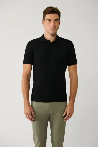 Schwarzes Herren-T-Shirt aus 100 % Baumwolle mit 3 Knöpfen, Jacquard-Polokragen und normaler Passform A41Y1354 - Schwarz - 3