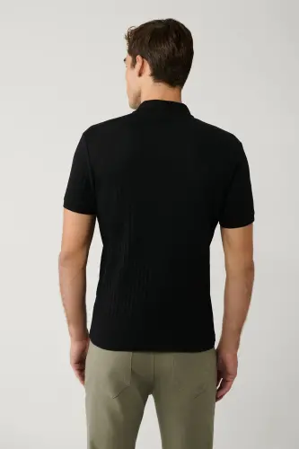 Schwarzes Herren-T-Shirt aus 100 % Baumwolle mit 3 Knöpfen, Jacquard-Polokragen und normaler Passform A41Y1354 - Schwarz - 4