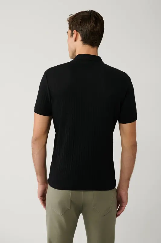 Schwarzes Herren-T-Shirt aus 100 % Baumwolle mit 3 Knöpfen, Jacquard-Polokragen und normaler Passform A41Y1354 - Schwarz - 4