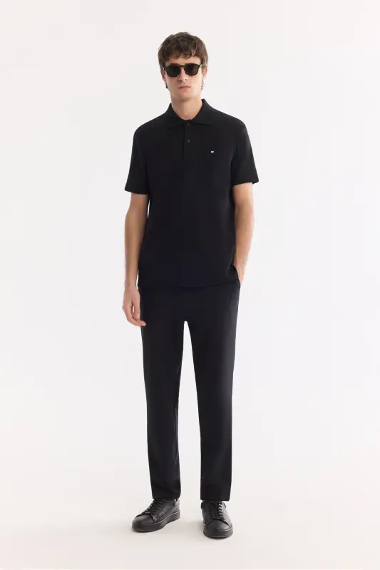 Erkek Siyah Kıvrılmaz Polo Yaka %100 Pamuk Basic Regular Fit T-Shirt B001032 - Siyah - 6