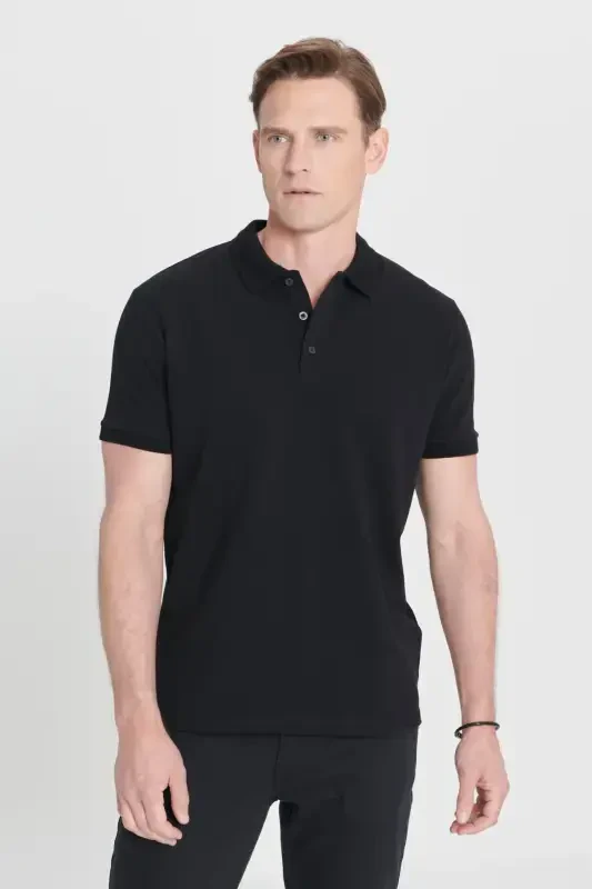 Erkek Siyah %100 Pamuk Kıvrılmaz Pike Polo Yaka Slim Fit Dar Kesim Tişört-Siyah - ALTINYILDIZ CLASSICS