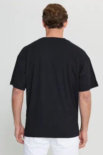 Erkek Siyah %100 Pamuk Oversize Fit Rahat Kesim Bisiklet Yaka Baskılı Tişört - Siyah - 6