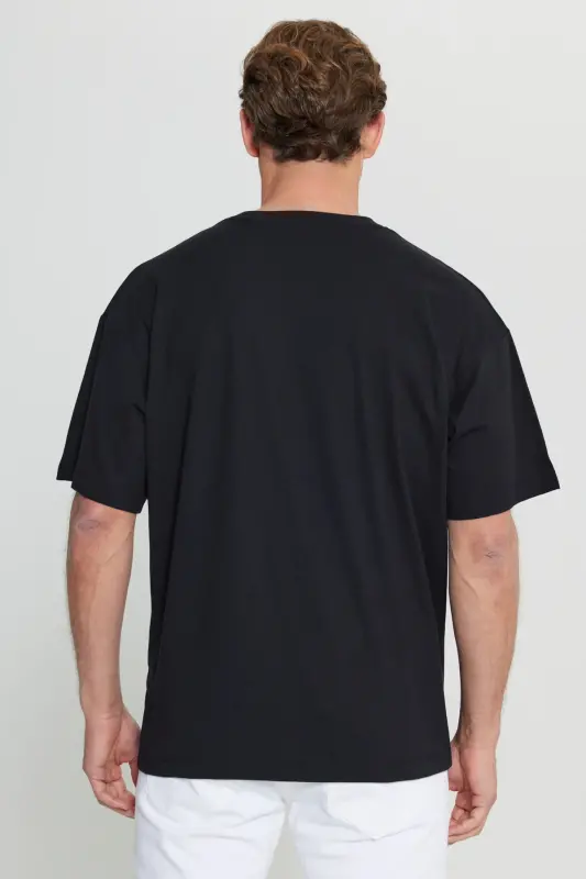 Erkek Siyah %100 Pamuk Oversize Fit Rahat Kesim Bisiklet Yaka Baskılı Tişört - Siyah - 6