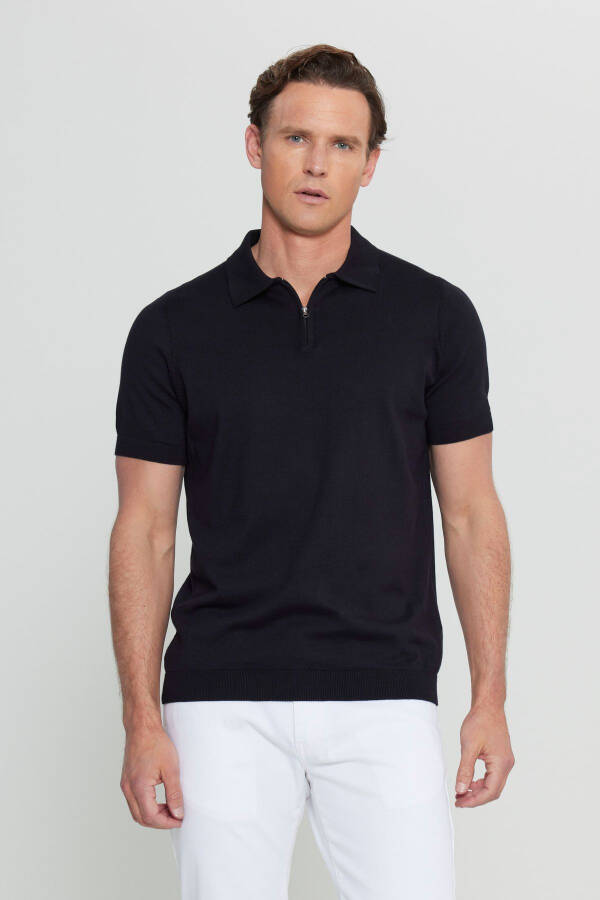 Erkek Siyah %100 Pamuk Standart Fit Normal Kesim Polo Yaka Triko Tişört-Siyah - 1