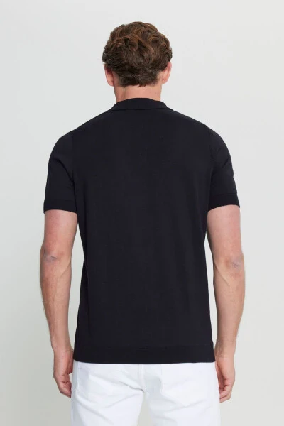 Erkek Siyah %100 Pamuk Standart Fit Normal Kesim Polo Yaka Triko Tişört-Siyah - 5