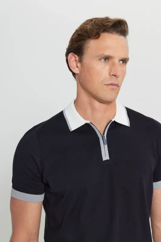 Erkek Siyah %100 Pamuk Standart Fit Normal Kesim Polo Yaka Triko Tişört - Siyah - 4