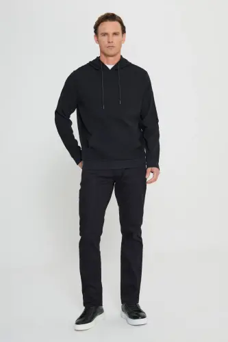 Erkek Siyah 2 İplik Sıcak Tutan Standart Fit Normal Kesim Kapüşonlu Dokulu Cepli Sweatshirt-Siyah - 7
