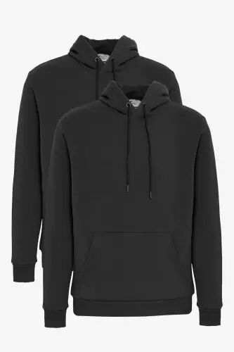 Erkek Siyah 2'li Paket Pamuklu İçi Polarlı Sweatshirt Kapüşonlu Kanguru Cepli Standart Fit - Siyah - 1