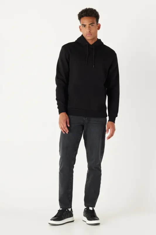 Erkek Siyah 2'li Paket Pamuklu İçi Polarlı Sweatshirt Kapüşonlu Kanguru Cepli Standart Fit - Siyah - 7