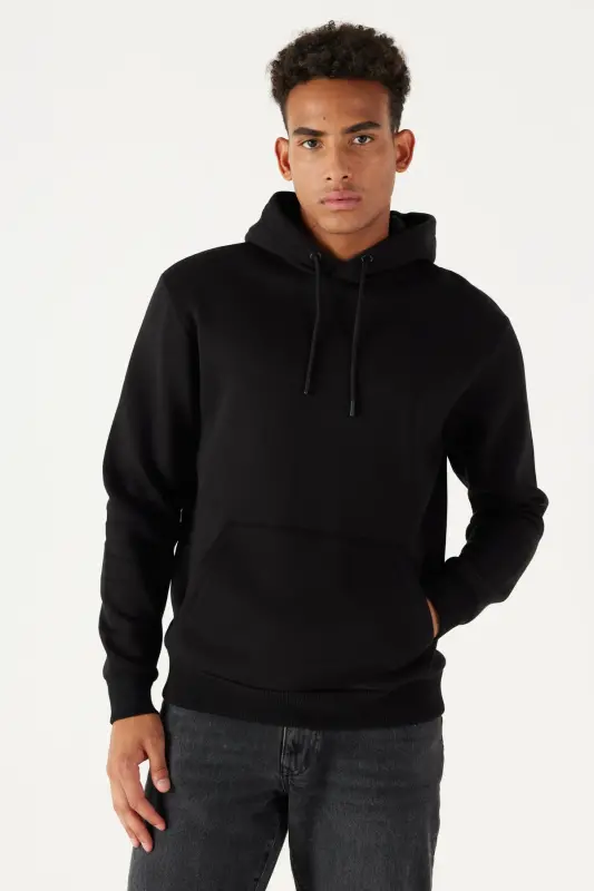 Erkek Siyah 2'li Paket Pamuklu İçi Polarlı Sweatshirt Kapüşonlu Kanguru Cepli Standart Fit - Siyah - 8