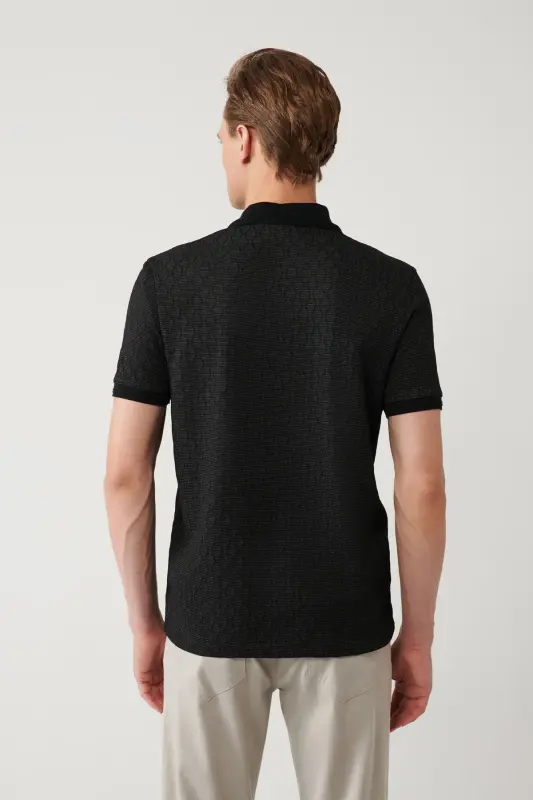 Erkek Siyah 3 Düğmeli Jakarlı Polo Yaka Regular Fit T-Shirt A41Y1051 - Siyah - 4