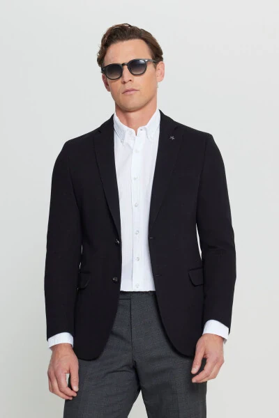 Erkek Siyah 360 Her Yöne Esneyen Pamuklu Esnek Slim Fit Dar Kesim Mono Yaka Armürlü Blazer Ceket-Siyah - ALTINYILDIZ CLASSICS