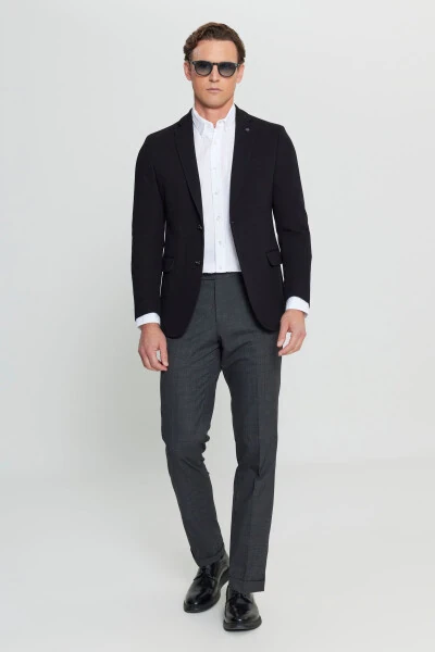 Erkek Siyah 360 Her Yöne Esneyen Pamuklu Esnek Slim Fit Dar Kesim Mono Yaka Armürlü Blazer Ceket-Siyah - ALTINYILDIZ CLASSICS (1)