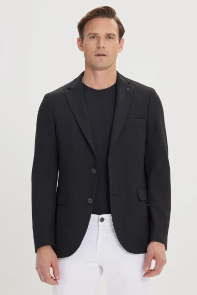 Erkek Siyah 360 Derece Her Yöne Esneyen Slim Fit Dar Kesim Mono Yaka Blazer Ceket-Siyah - 3