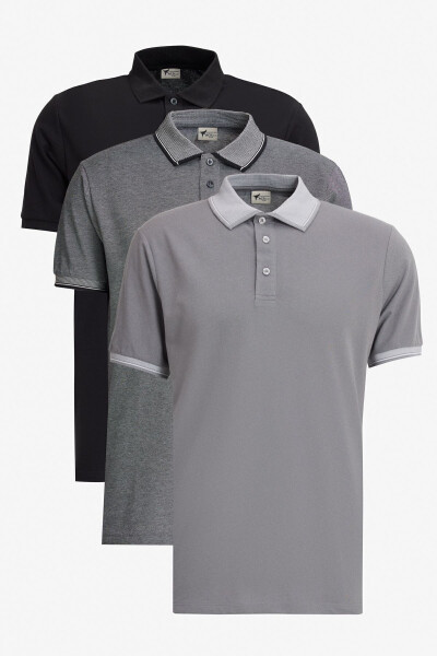 Erkek Siyah-açık Siyah-gri 3'lü Çekmeyen Pamuklu Slim Fit Dar Kesim Kıvrılmaz Polo Yaka Tişört - SIYAH-ACIK SIYAH-GRI 
