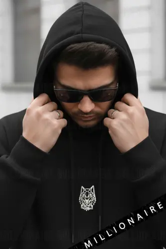 Erkek Siyah Alpha Wolf Kapüşonlu Oversize 3 iplik Şardonlu Salaş Bol Kesim Hoodie Sweatshirt-Siyah - MILLIONAIRE (1)