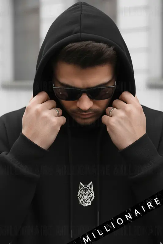 Erkek Siyah Alpha Wolf Kapüşonlu Oversize 3 iplik Şardonlu Salaş Bol Kesim Hoodie Sweatshirt-Siyah - 2