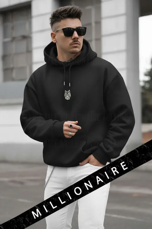 Erkek Siyah Alpha Wolf Kapüşonlu Oversize 3 iplik Şardonlu Salaş Bol Kesim Hoodie Sweatshirt-Siyah - 3