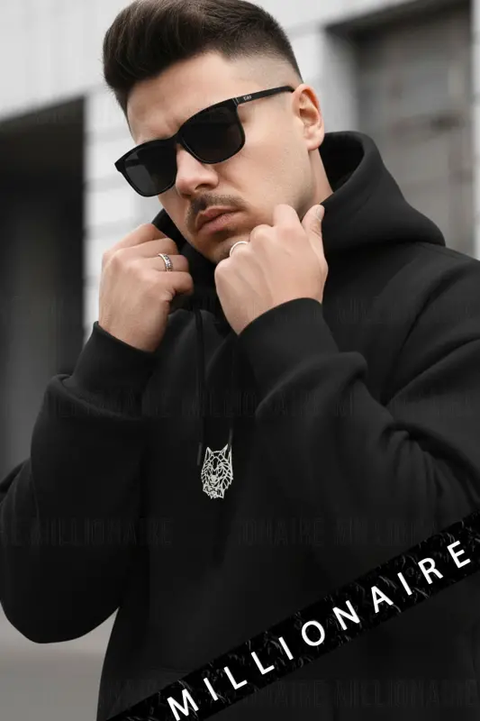 Erkek Siyah Alpha Wolf Kapüşonlu Oversize 3 iplik Şardonlu Salaş Bol Kesim Hoodie Sweatshirt-Siyah - 4