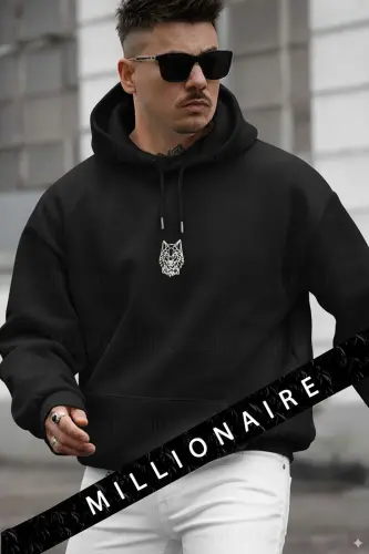 Erkek Siyah Alpha Wolf Kapüşonlu Oversize 3 iplik Şardonlu Salaş Bol Kesim Hoodie Sweatshirt-Siyah 