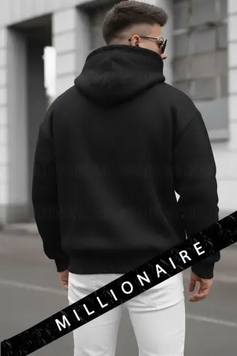 Erkek Siyah Alpha Wolf Kapüşonlu Oversize 3 iplik Şardonlu Salaş Bol Kesim Hoodie Sweatshirt-Siyah - 5